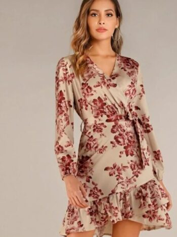 Vestido beige flores rojas