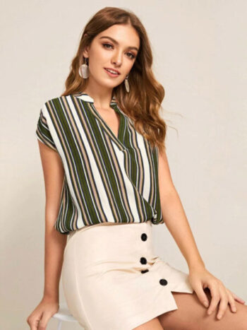 Blusa rayas verdes, blancas y beige - Imagen 3