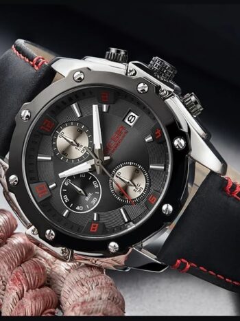 Reloj correa de cuero negro con hilo rojo hombre