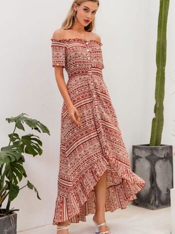 Maxi vestido rojo/beige con botones