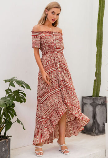 Maxi vestido rojo/beige con botones