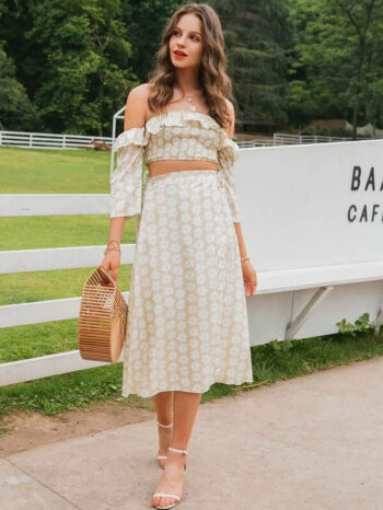 Vestido dos piezas beige flores blancas - Imagen 2