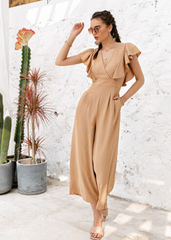 Enterizo beige acampanado y flecos en hombro - Imagen 2