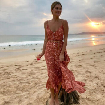 Vestido naranja de lunares con volantes y botones delanteros