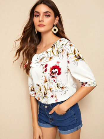 Blusa blanca floreada 3/4 - Imagen 2