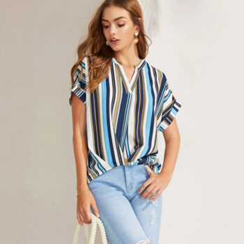 Blusa rayada blanco, azul, celeste y marrón