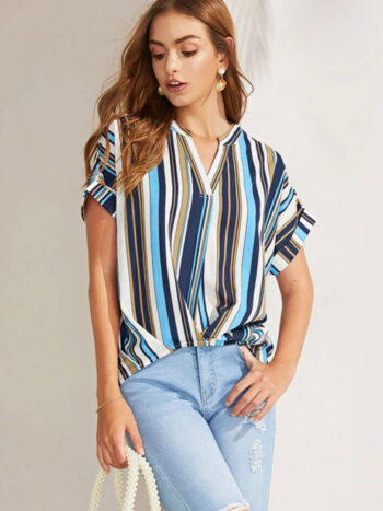 Blusa rayada blanco, azul, celeste y marrón