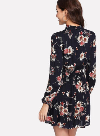 Vestido azul marino flores cuello alto - Imagen 2