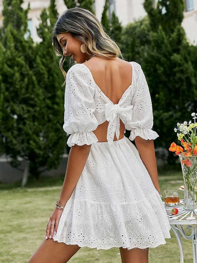 Vestido blanco de encaje manga farol - Imagen 6