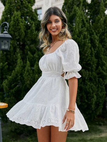 Vestido blanco de encaje manga farol - Imagen 3