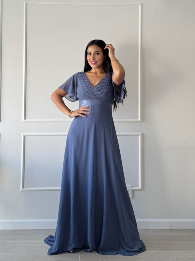 Vestido-elegante-pecho-cruzado-azul-acero-5 Vestido elegante Luciana azul acero - Imagen 1